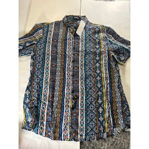 VatPave Mens Medium Tribal Geometric Button Up Shirt Boho Festival